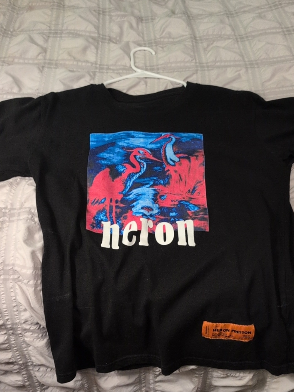 Heron Preston Black Tee with Pink & Blue Heron Graphic